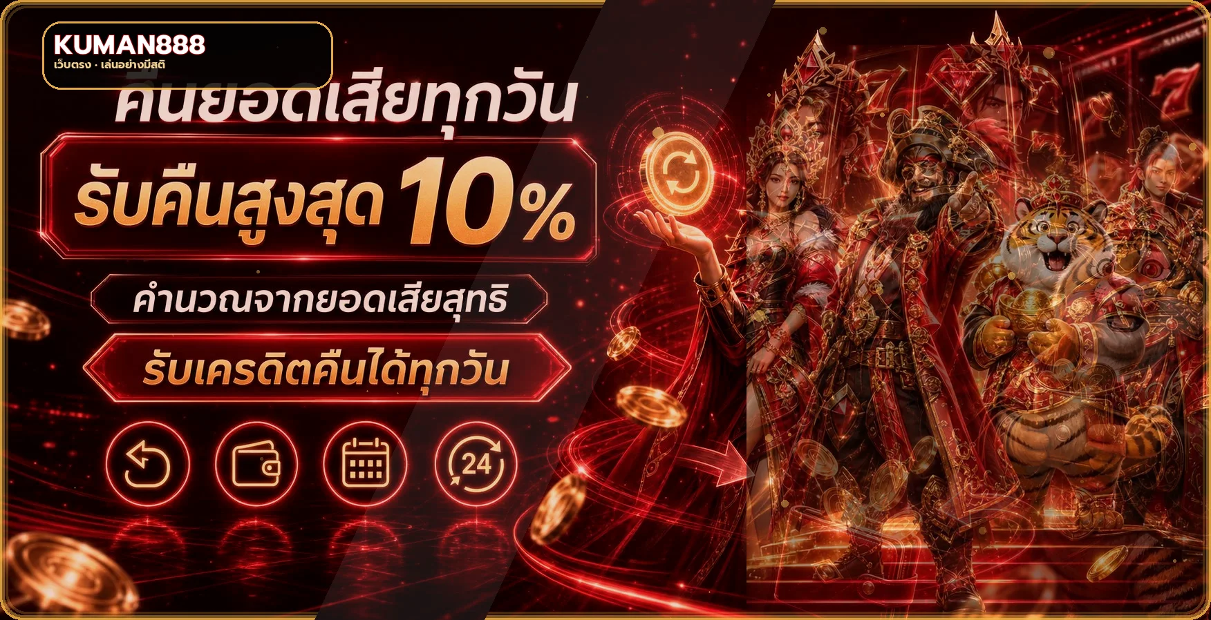 แบนเนอร์ KUMAN888 คืนยอดเสียพร้อมตัวละครเกม